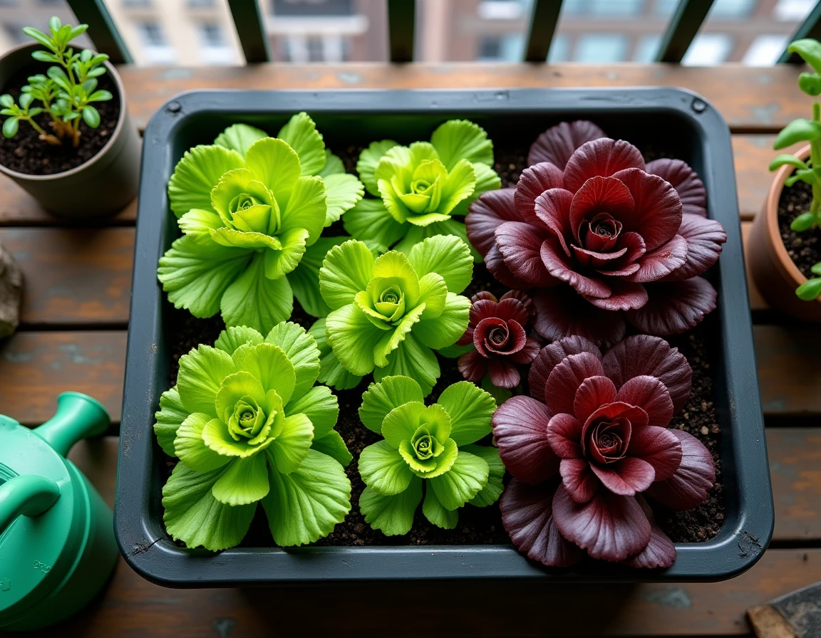Vue de dessus de plusieurs variétés de laitues qui poussent dans des bacs sur un balcon urbain