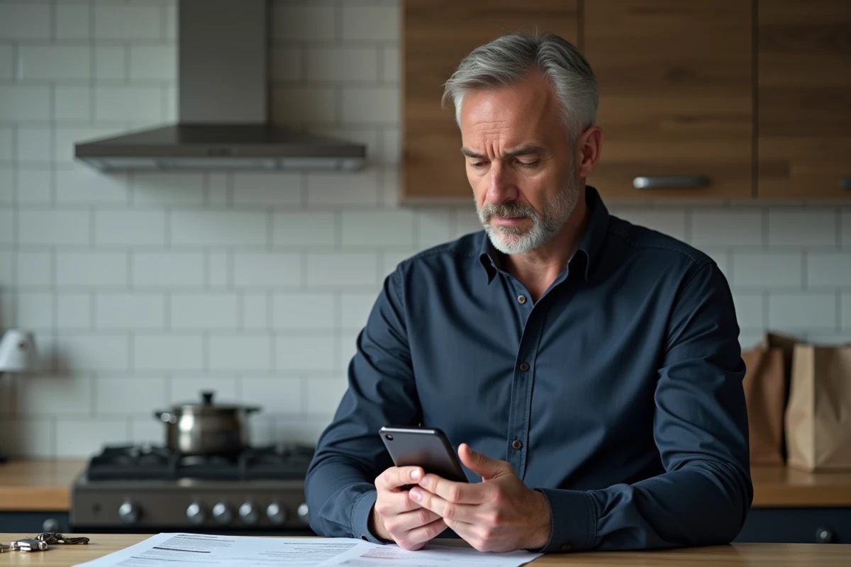 Homme vérifiant son RIB bancaire sur smartphone avant une mise à jour sur France Travail