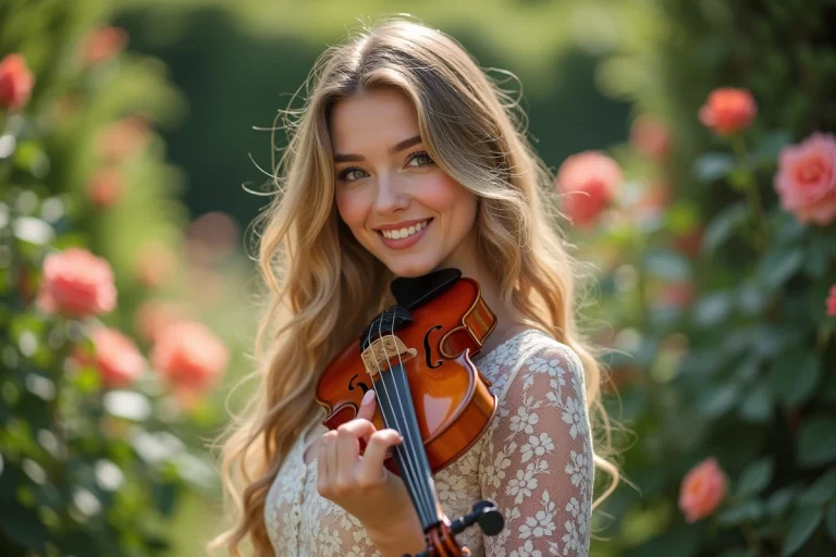 Jeune femme violoniste aux cheveux blonds ondulés en robe en dentelle tenant son violon dans un jardin botanique fleuri