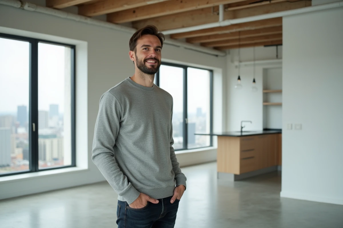 Jeune homme visitant un appartement vide moderne en ville grâce aux services de recherche immobilière