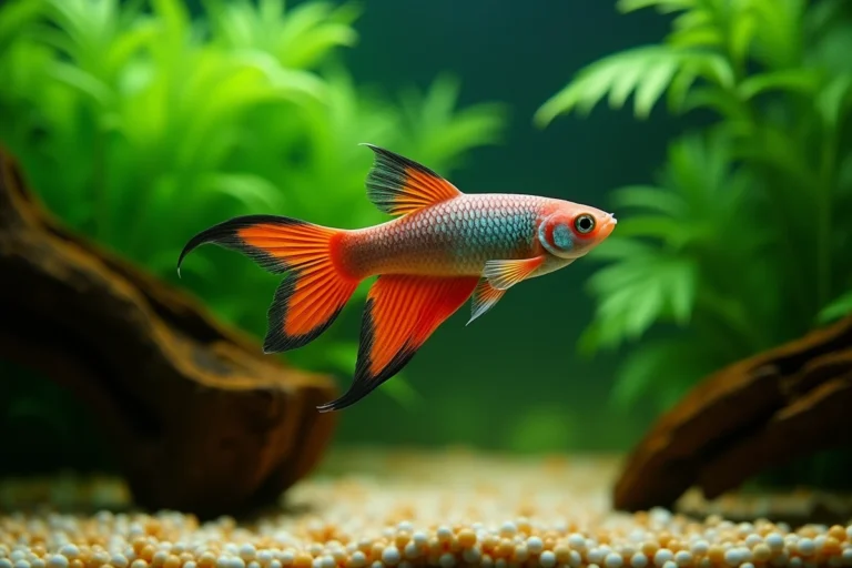 Poisson porte-épée xiphophore mâle aux couleurs vives nageant dans un aquarium planté avec fougères de java et bois flotté